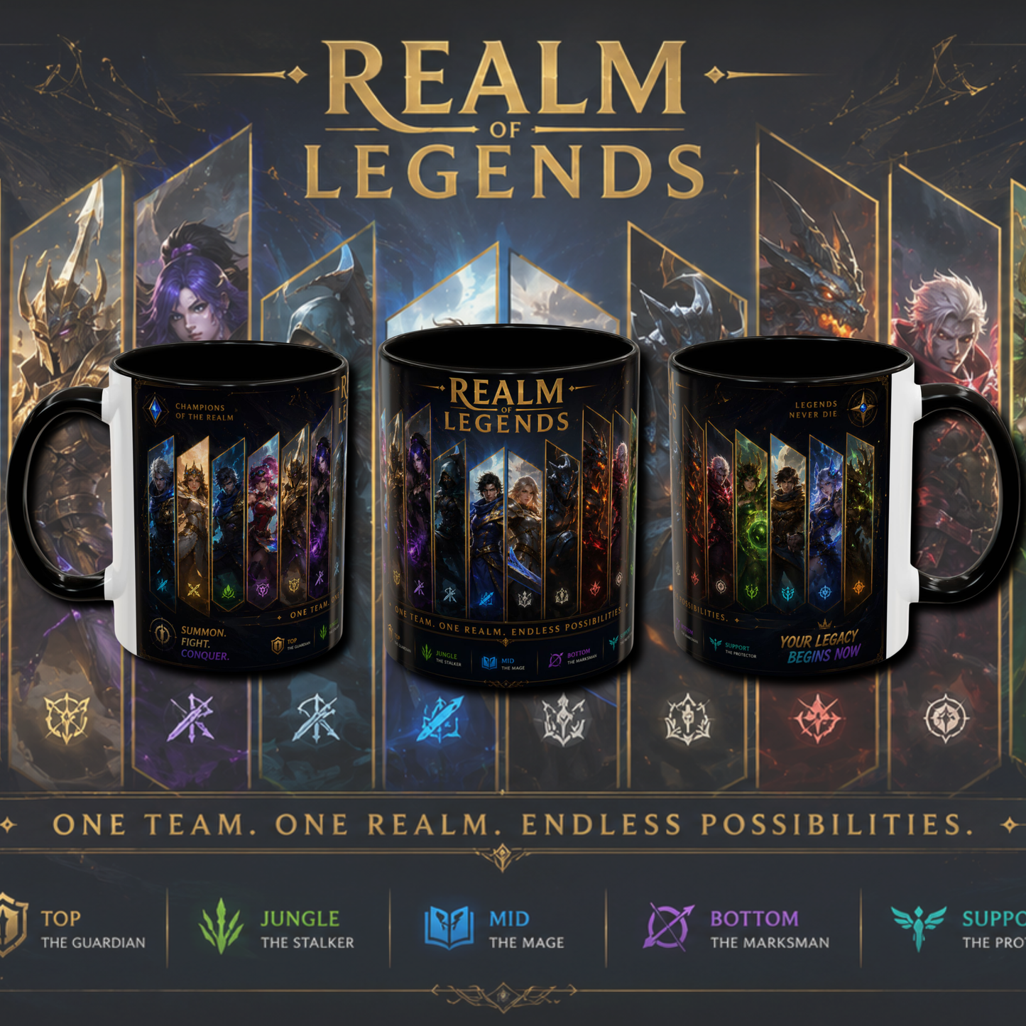 "Realm of legends" two tone gaming mug.