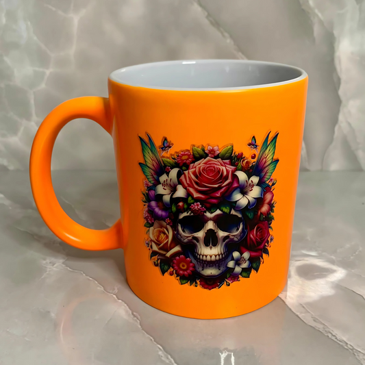 Neon mug "skull with flowers"