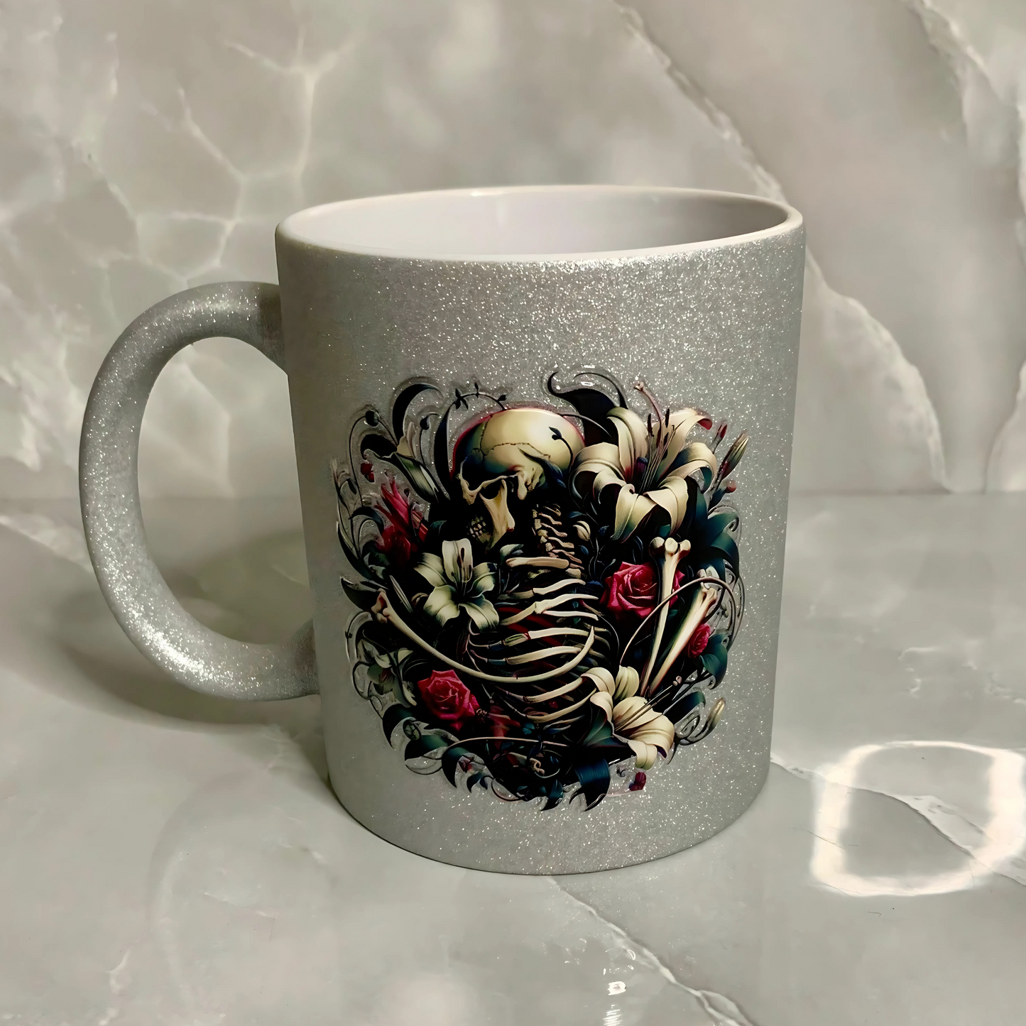 Glitter mug "skeleton with flowers"