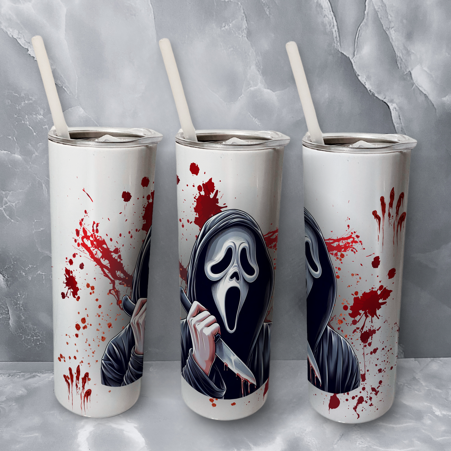 Ghost face blood Double wall 20oz stainless steel skinny tumbler.