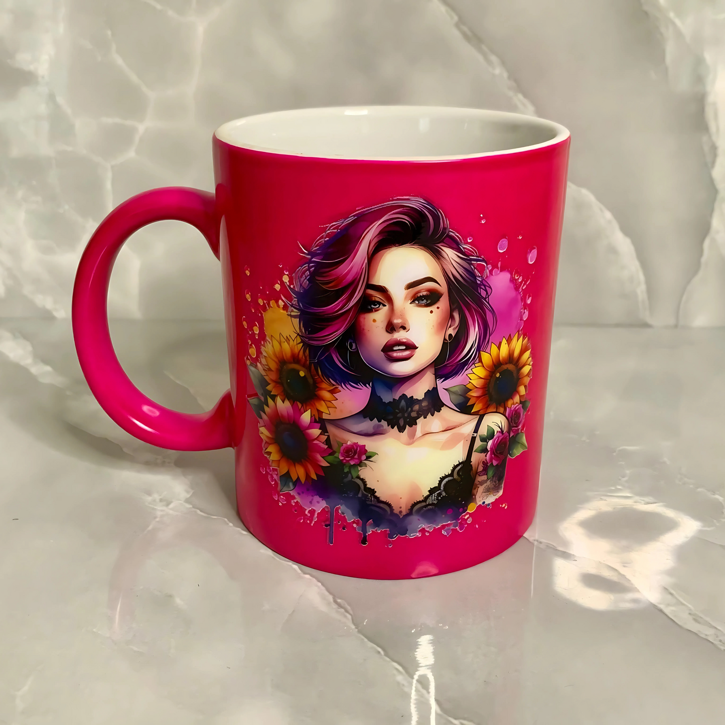 Neon mug "girl with sunflowers"