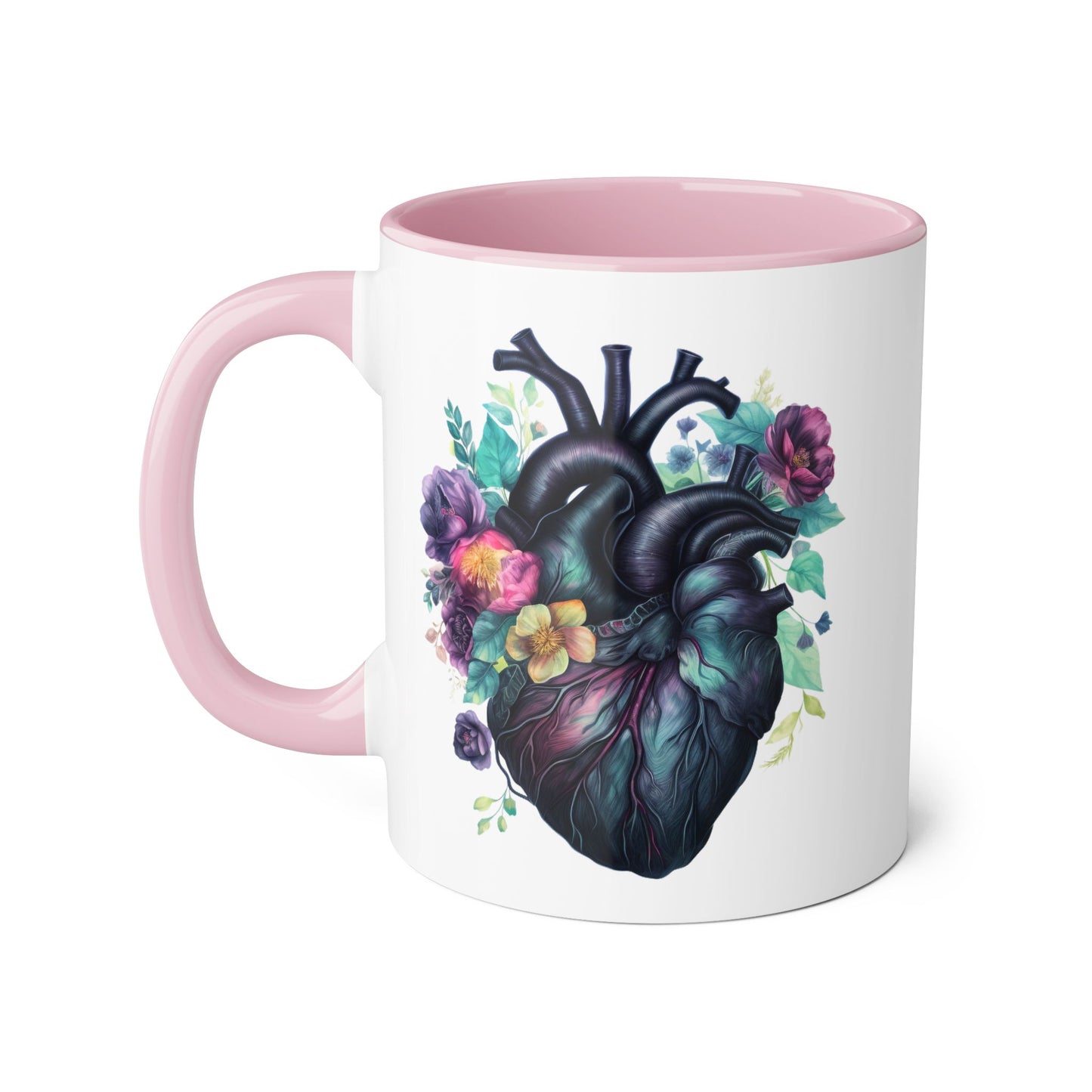 Blue floral heart 11 0z two tone ceramic mug