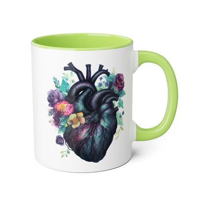 Blue floral heart 11 0z two tone ceramic mug