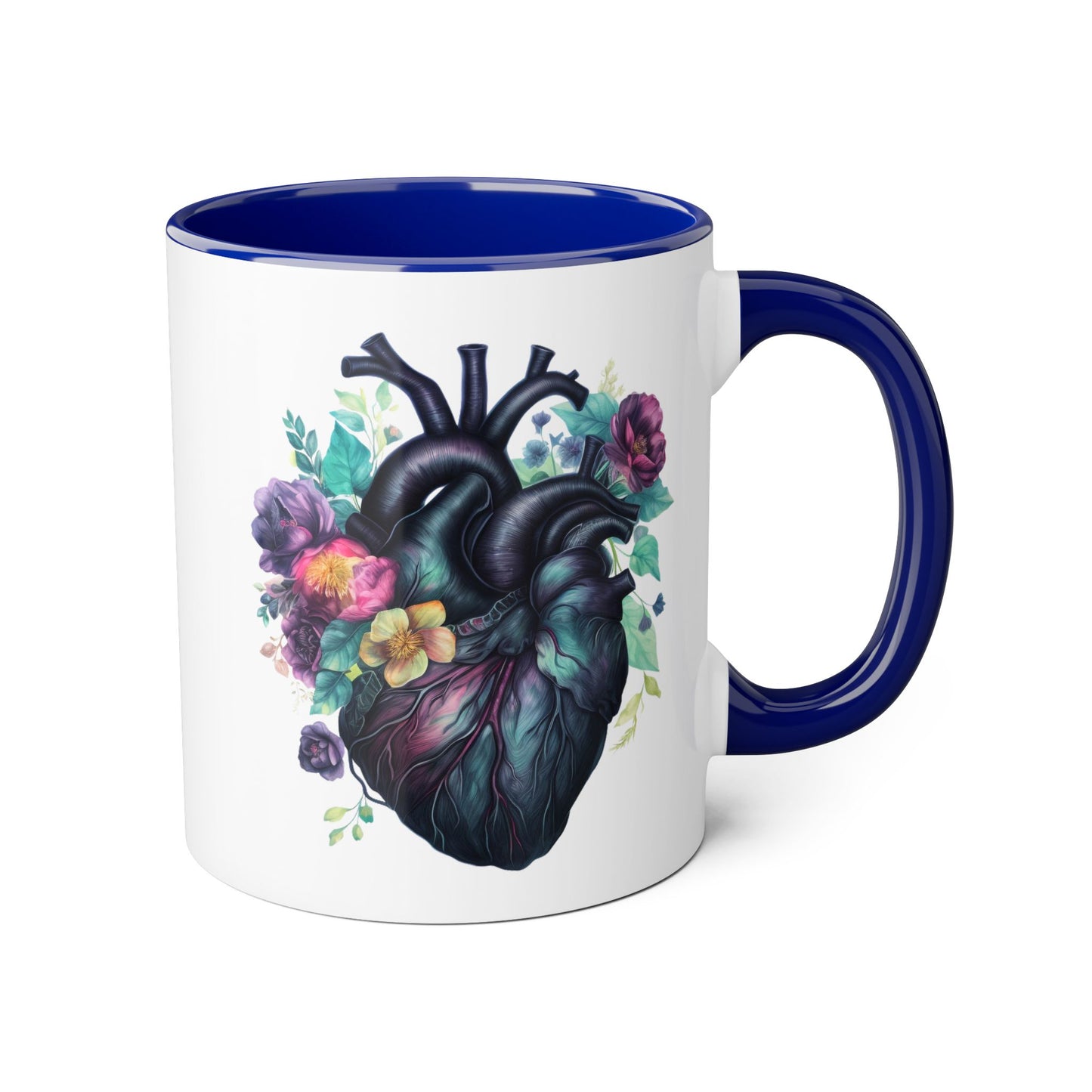 Blue floral heart 11 0z two tone ceramic mug