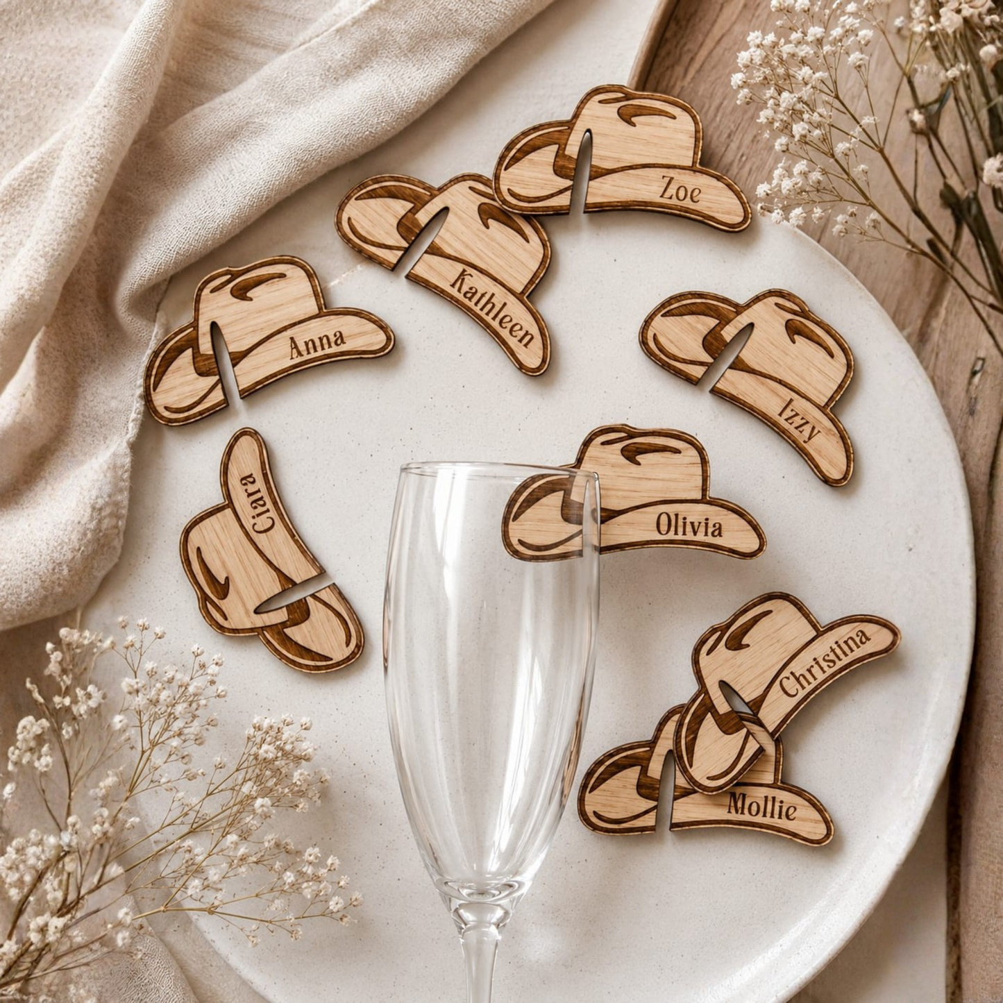 Personalised MDF Cowboy Hat Glass Charms.