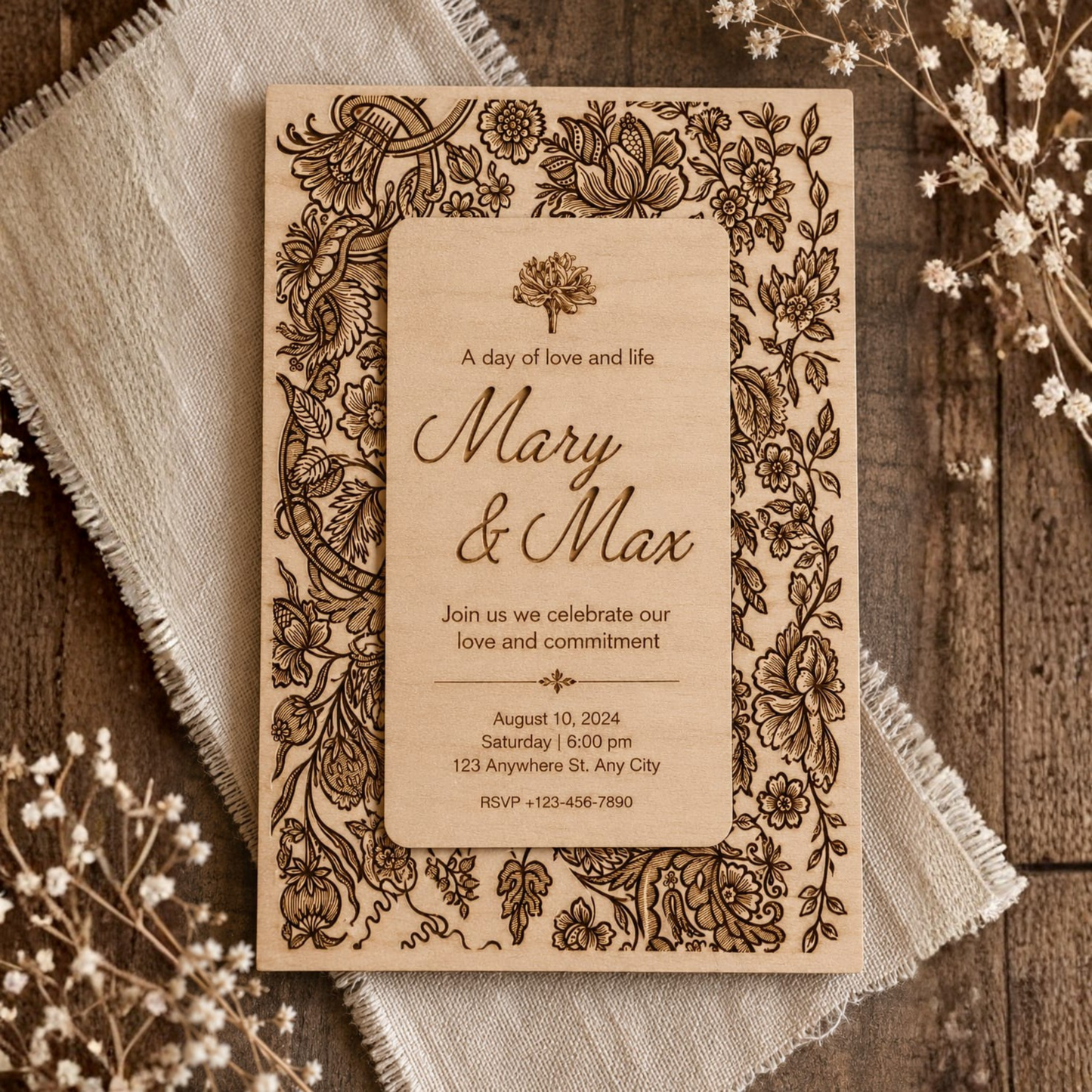 Wooden Laser-Cut Wedding Invitation.