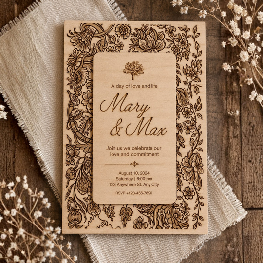 Wooden Laser-Cut Wedding Invitation.
