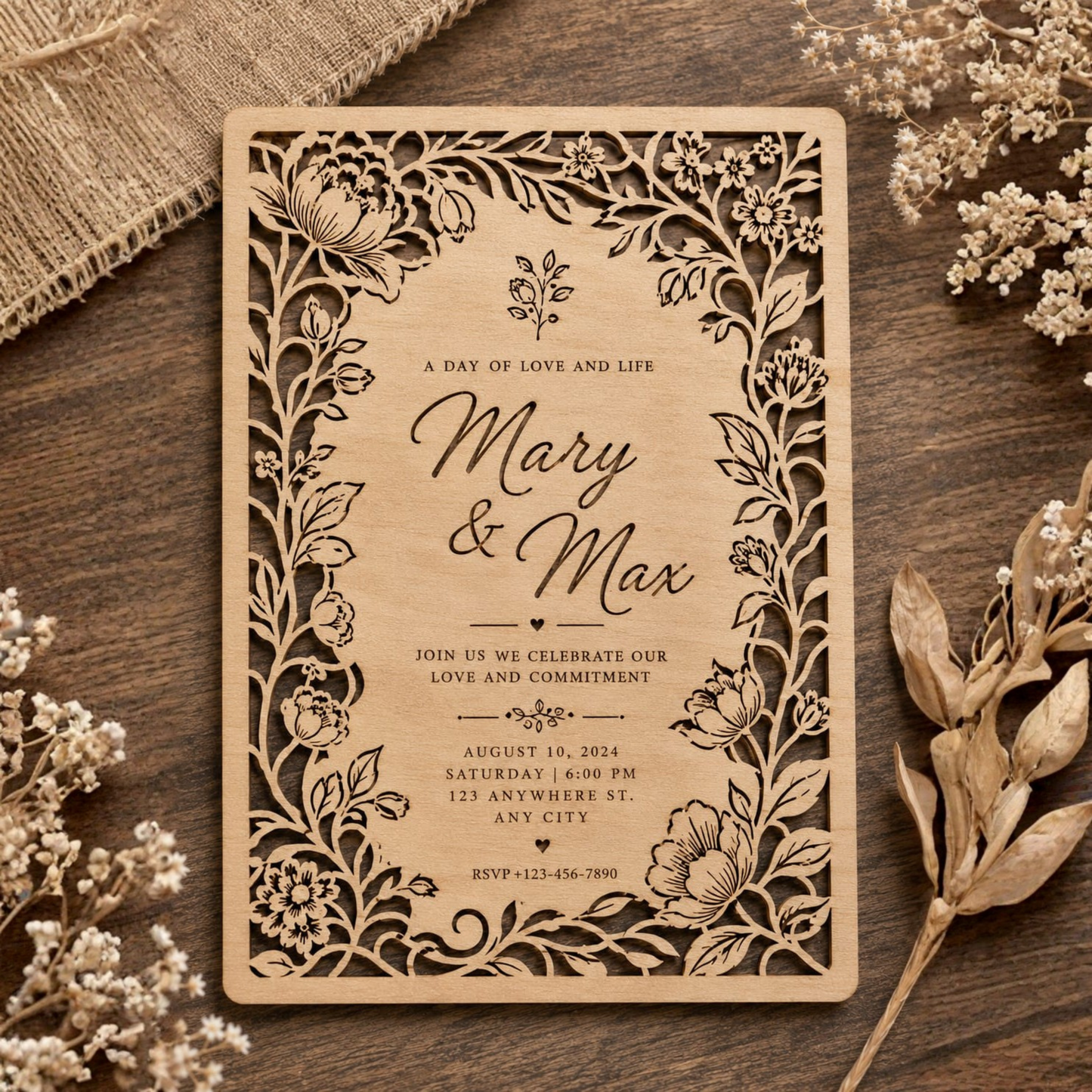 Wooden Laser-Cut Wedding Invitation.