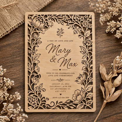 Wooden Laser-Cut Wedding Invitation.