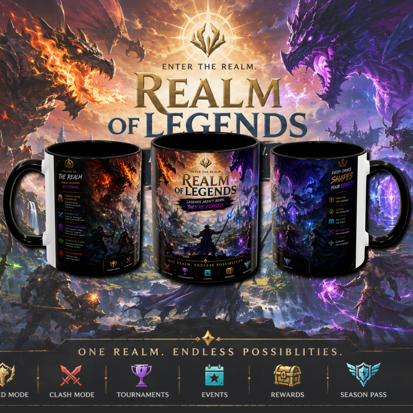 "Realm of legends" two tone gaming mug.