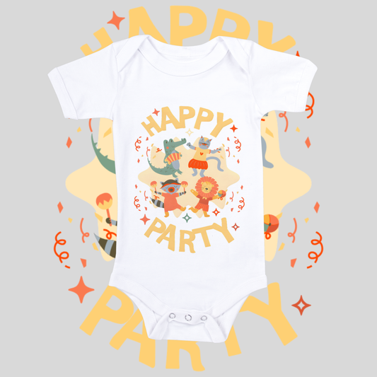 "Happy party" baby grow.
