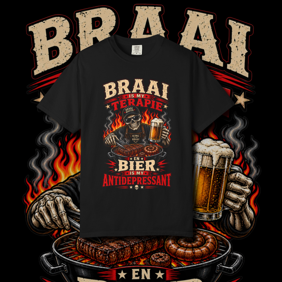 Men's "braai is my terapie" t-shirt.