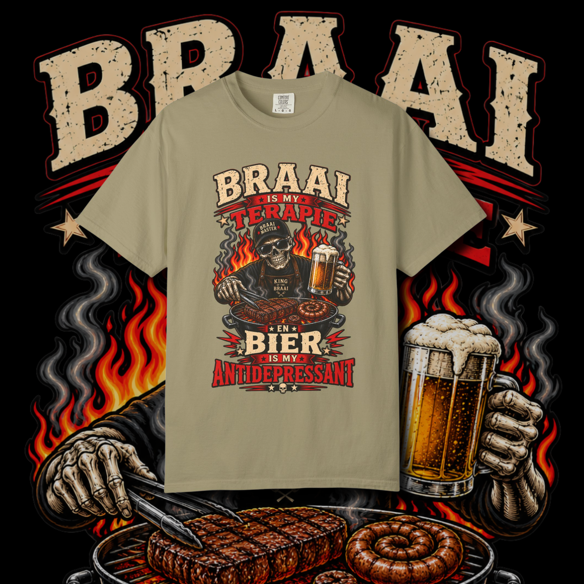 Men's "braai is my terapie" t-shirt.