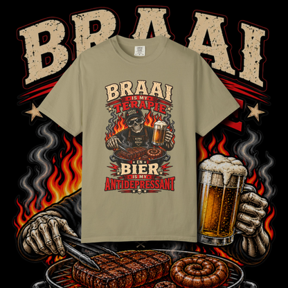Men's "braai is my terapie" t-shirt.